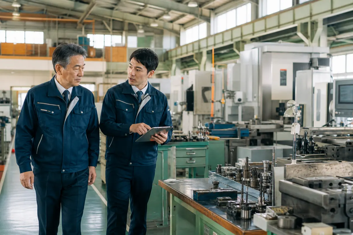 富山の製造業で工場設備と人材承継を確認している様子
