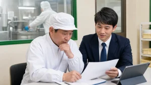 富山の食品加工業M&Aについて清潔な工場事務所で資料を確認する経営者と専門家