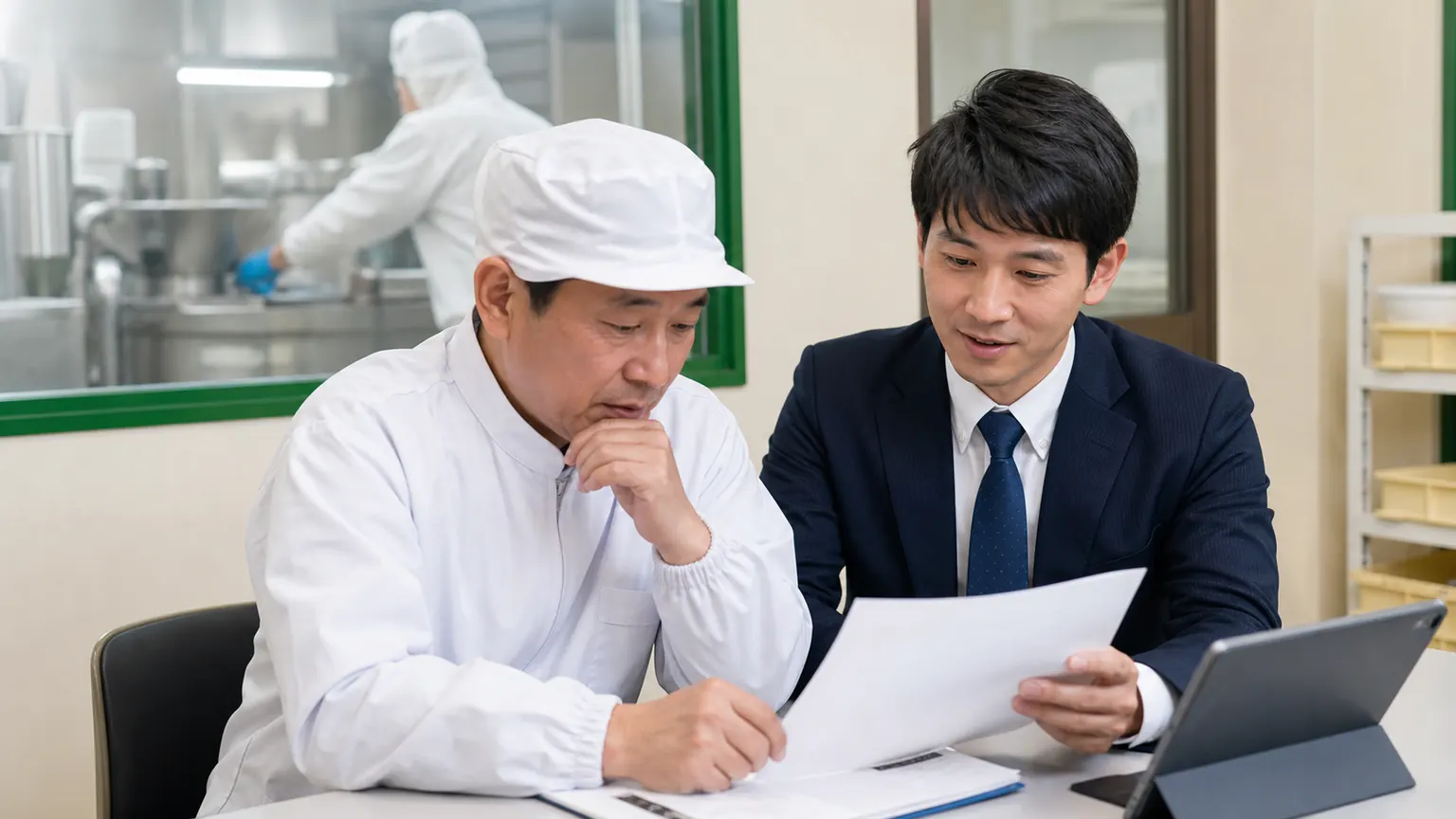 富山の食品加工業M&Aについて清潔な工場事務所で資料を確認する経営者と専門家