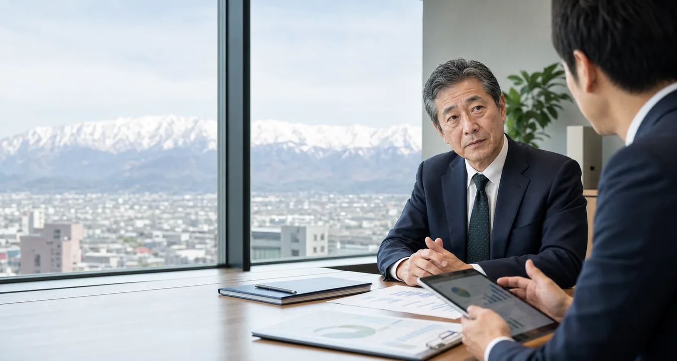 富山の企業オーナーとM&Aアドバイザーが山並みの見える会議室で相談している様子