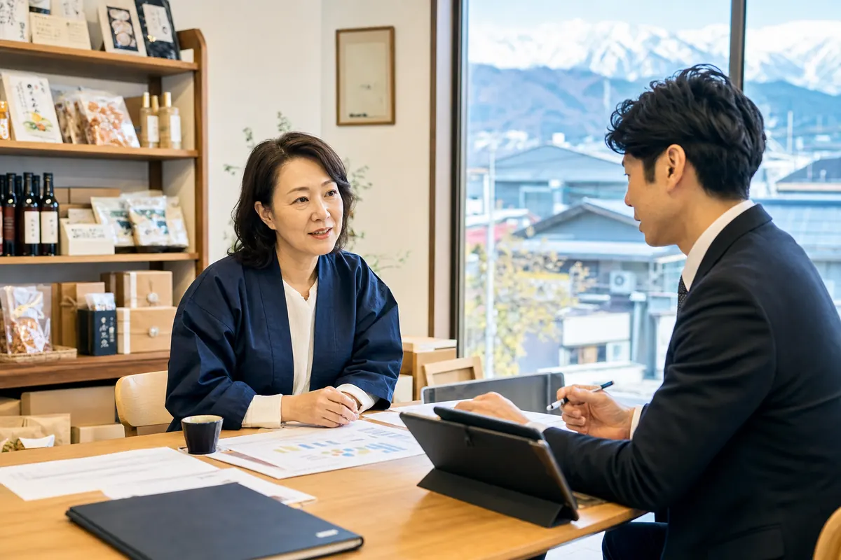 富山の地域店舗で女性オーナーが事業承継相談をしている様子
